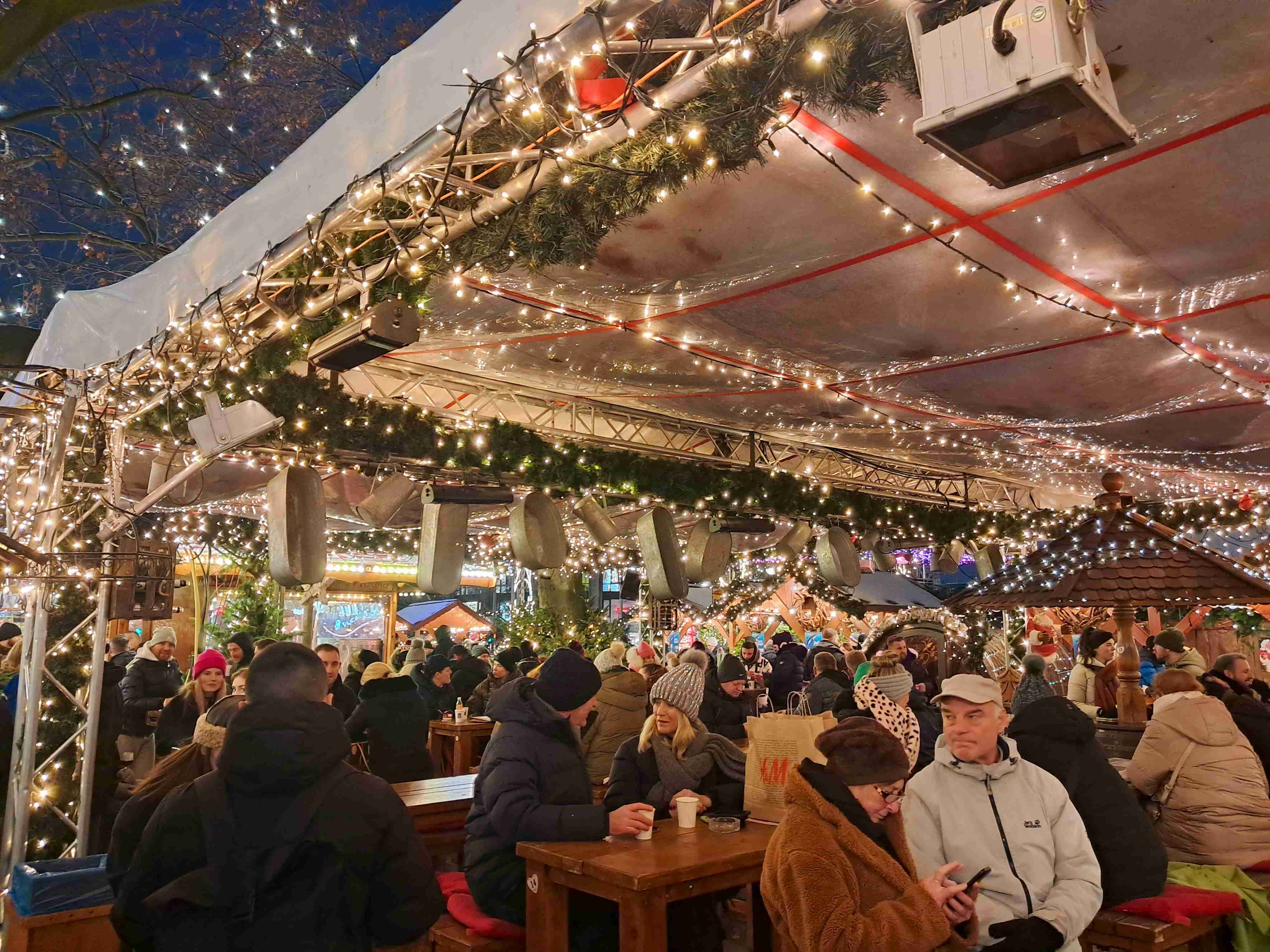 Christmas Market restaurant stall with bright illuminations